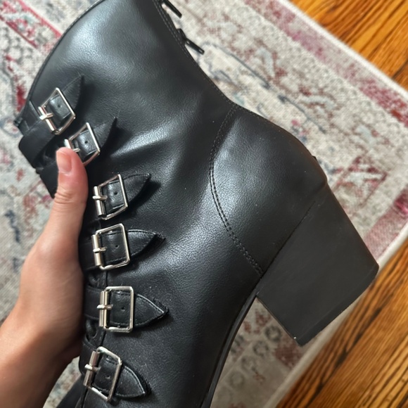 Black Leatherette Buckle Coven StrangeCvlt Boots - Picture 6 of 7